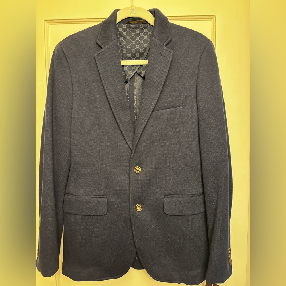 Tasso Elba Navy Blazer with Patterned Lining - Size Small 36-38